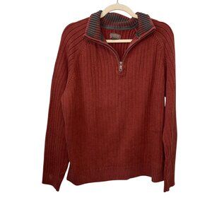G.H. Bass Mens XL Ribbed Rust Sweater With Plaid Collar & Quarter-Zip